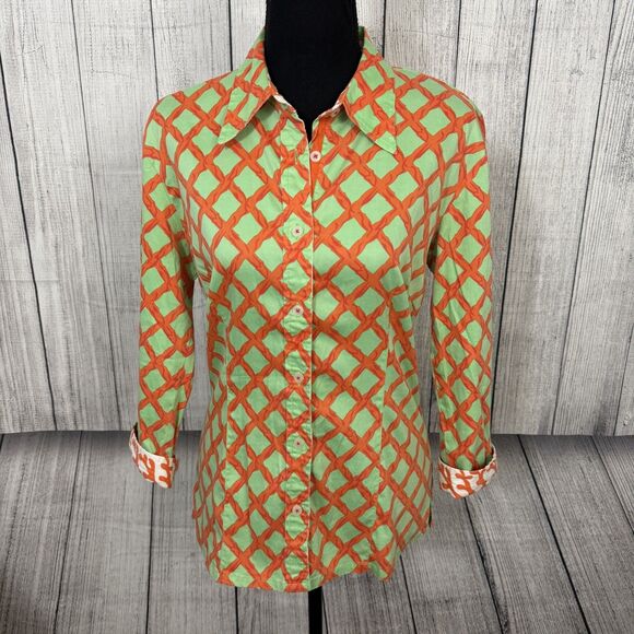 Tizzie Women's Large Green & Orange Contrast Cuff Long Sleeve Button-Front Shirt - Picture 1 of 6